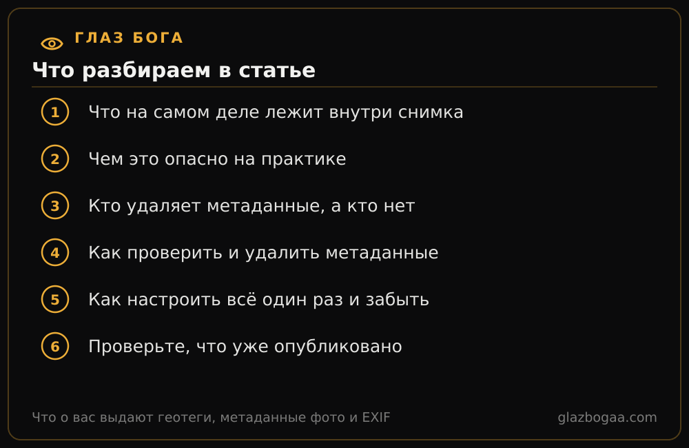 Глаз Бога: план статьи «Что о вас выдают геотеги, метаданные фото и EXIF»
