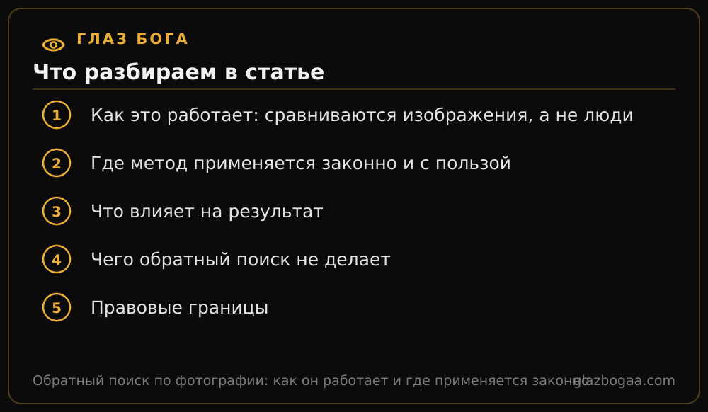 Глаз Бога: план статьи «Обратный поиск по фотографии: как он работает и где применяется законно»