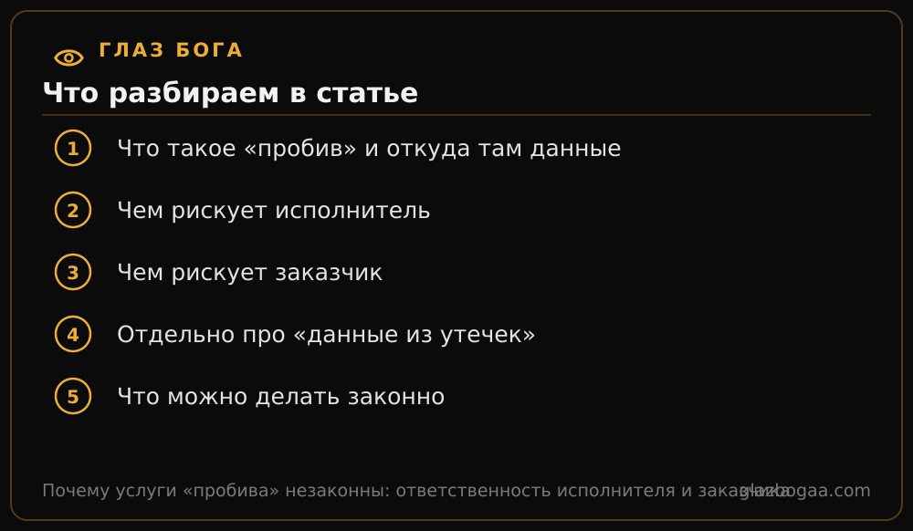 Глаз Бога: план статьи «Почему услуги «пробива» незаконны: ответственность исполнителя и заказчика»